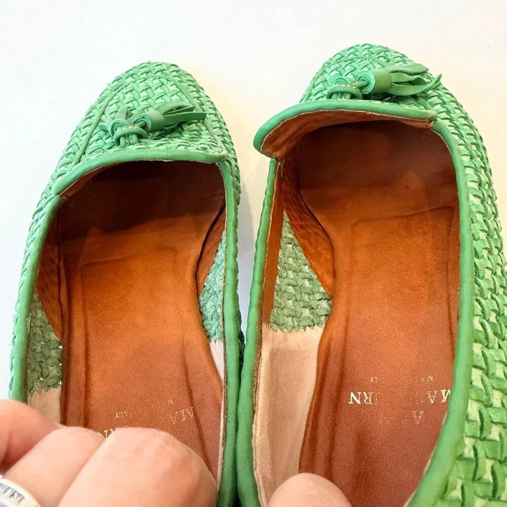 Ann Marshburn Woven Leather Tassel Loafers Green Size 40